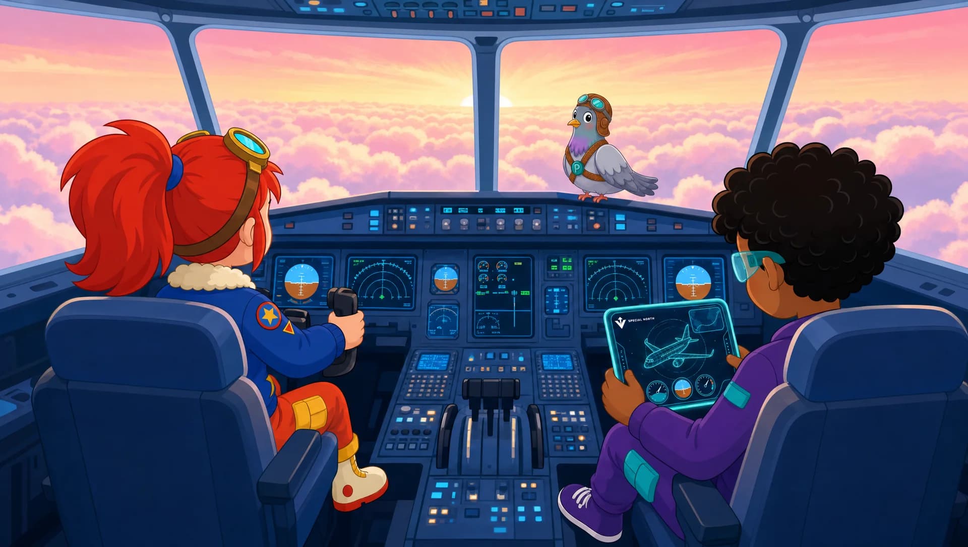 The flight deck at dawn, seen from behind the seats