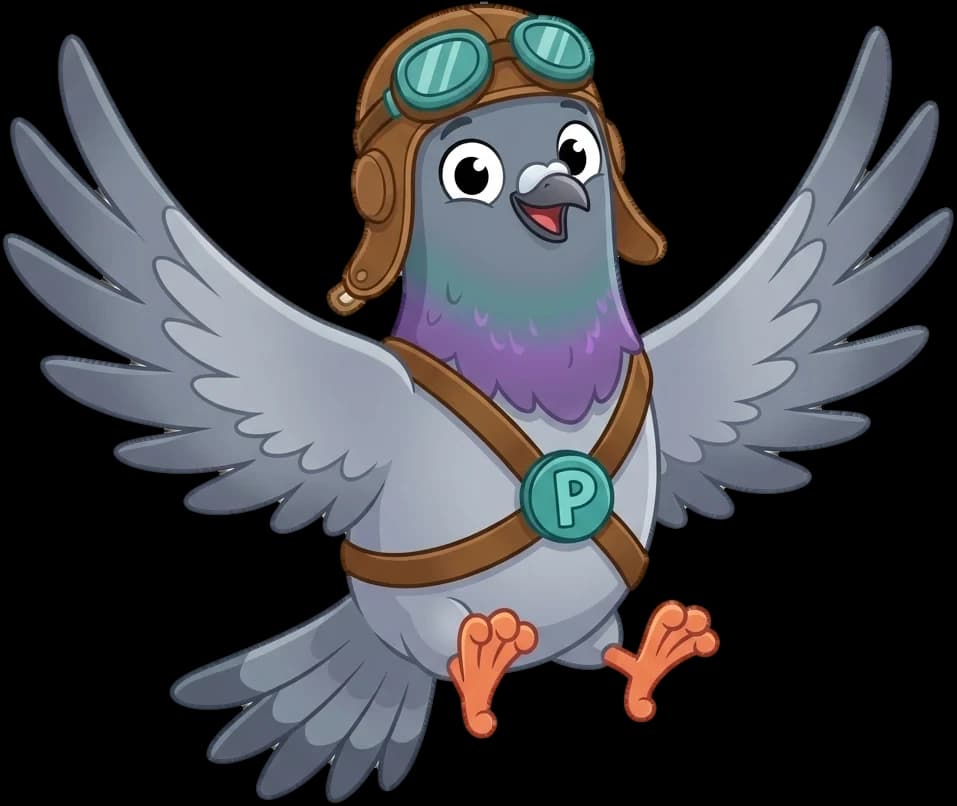 Pip the pigeon in his flying helmet, wings wide