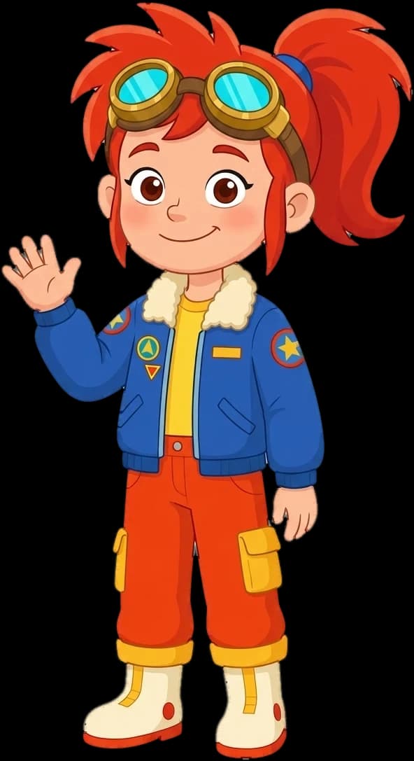 Sunny waving, goggles up, blue flight jacket