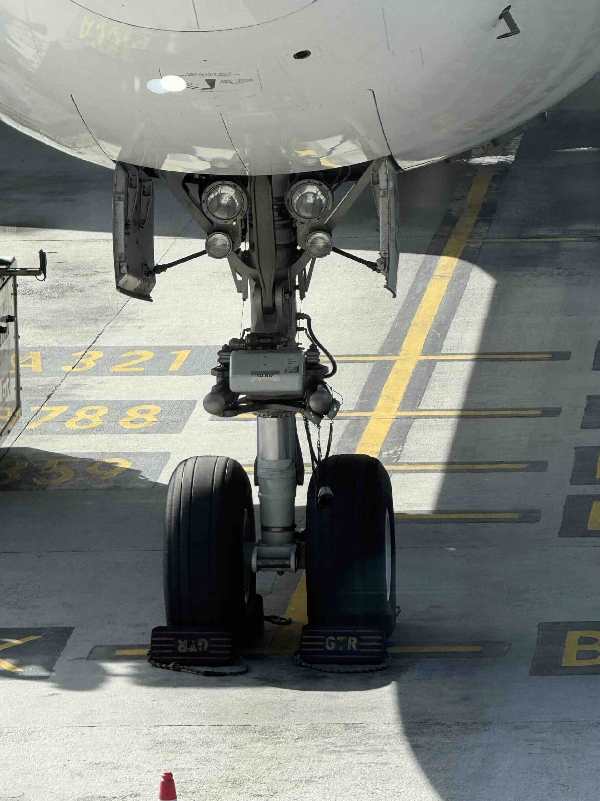 Close-up of an airliner's landing gear