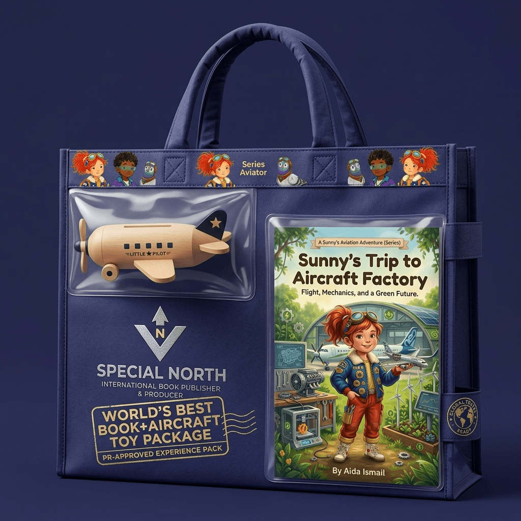 The Future Pilot and Engineer Kit: book and wooden aircraft in a navy tote