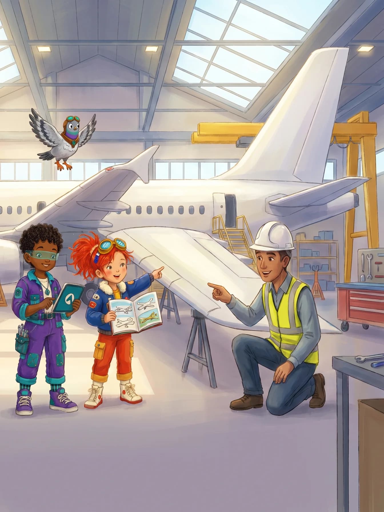Inside an aircraft assembly hangar with an engineer and the crew