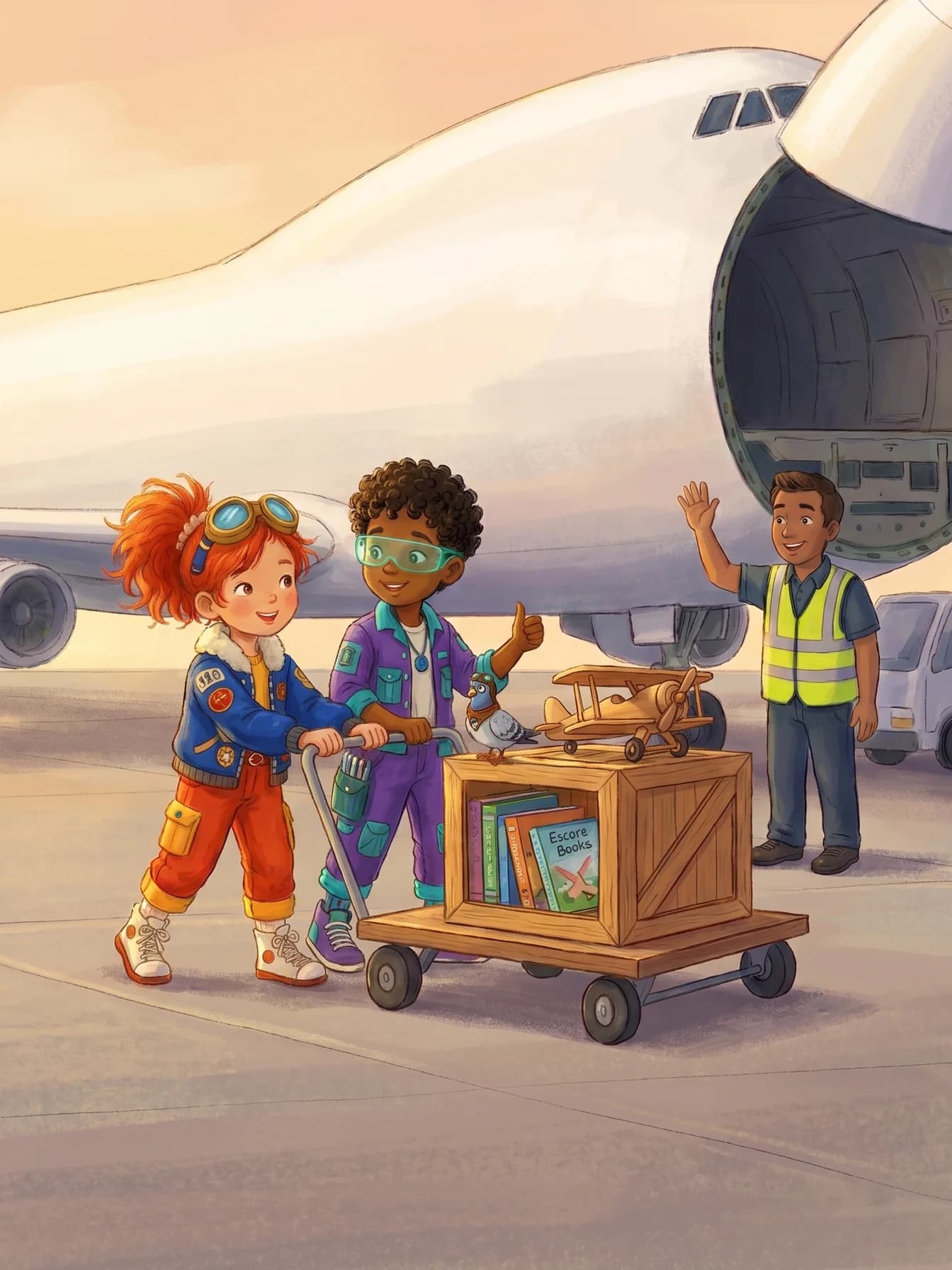 A cart of picture books beside a cargo aircraft
