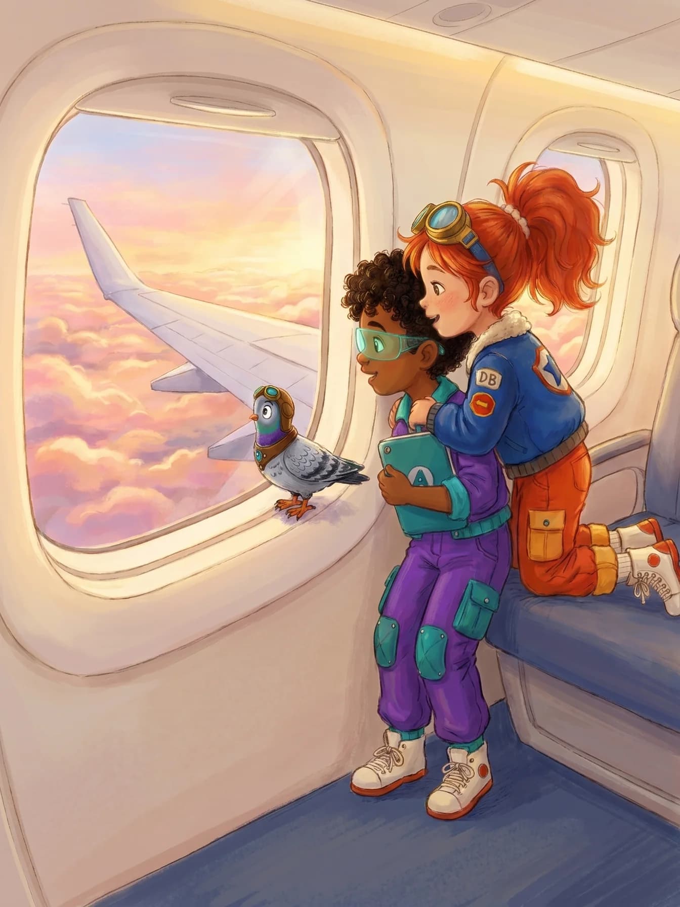 Sunny and Cleo at an aircraft window above the clouds