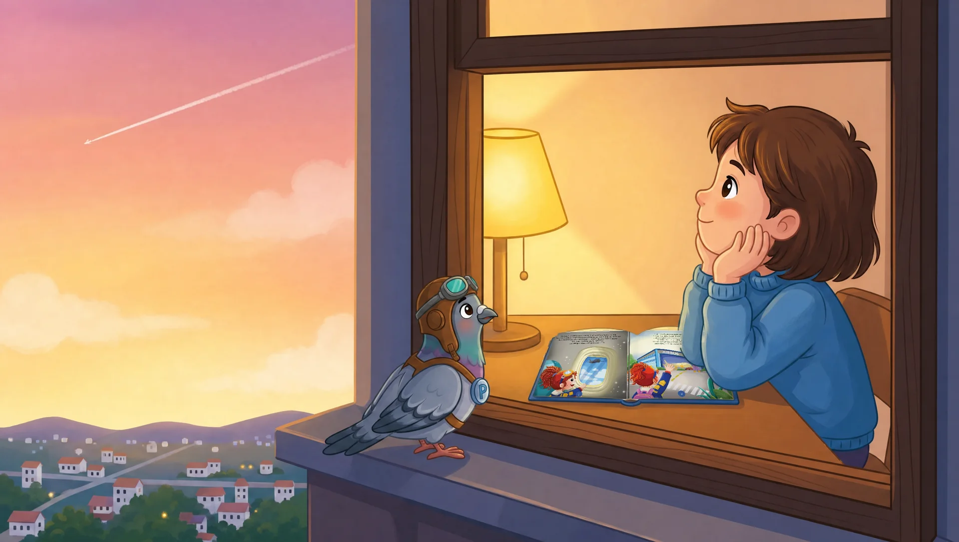 A child at a dusk window, chin on hands, a picture book on the desk, Pip landing on the sill