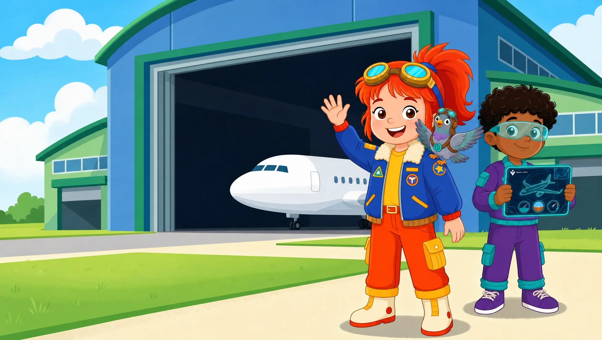 Sunny waving at the factory entrance, Cleo behind her, an aircraft nose in the open hangar door
