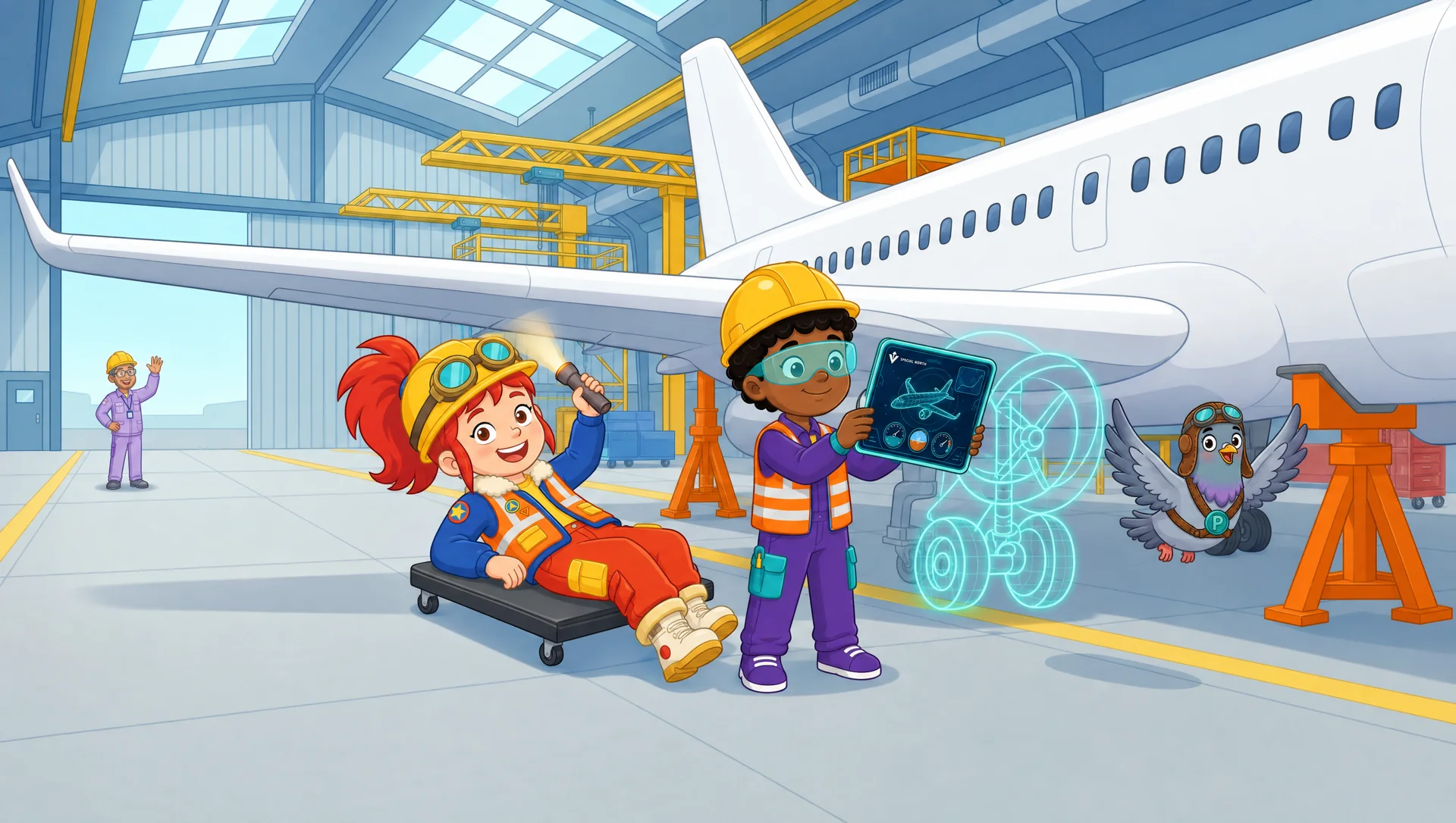 Inside the hangar, Sunny and Cleo in hard hats under a white airliner on stands, Pip flying ahead
