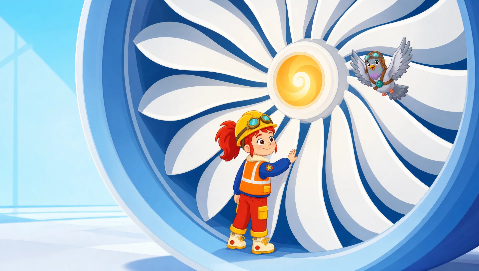 A giant white engine fan filling the frame, Sunny tiny at its foot, Pip tumbling in the air