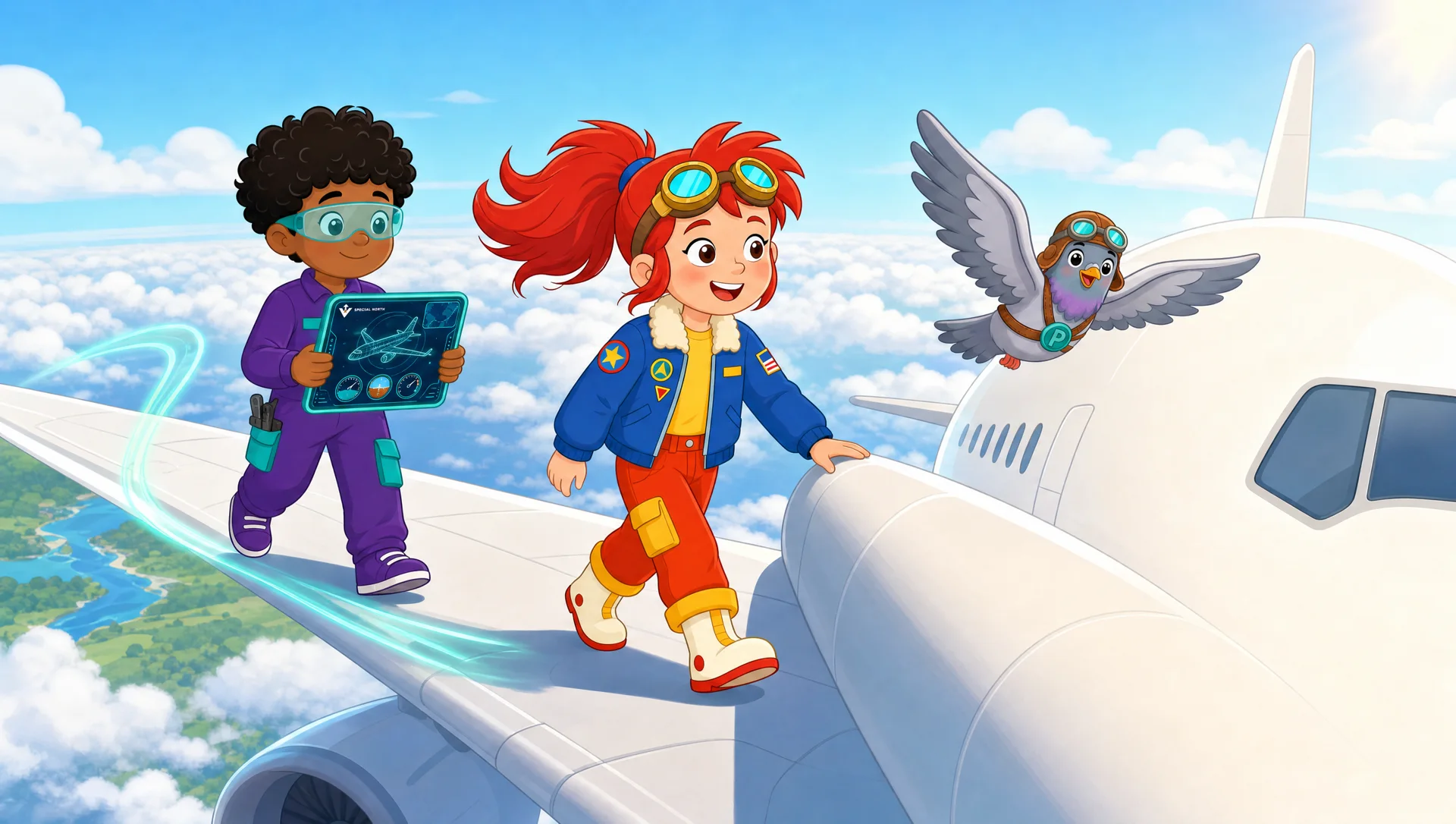 Sunny walking along the wing of an airliner above the clouds, Cleo behind, Pip riding the wind