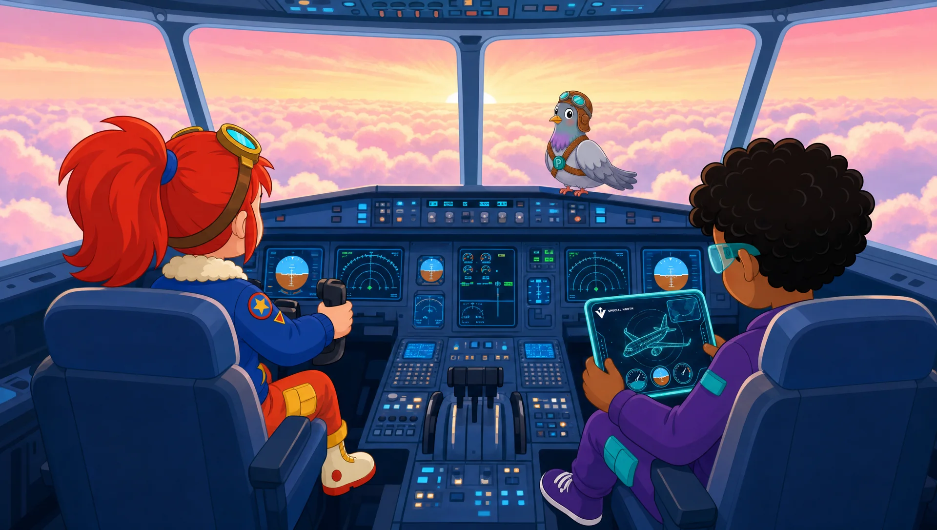 The flight deck from behind, Sunny at the yoke, Cleo beside her, dawn through the windscreen