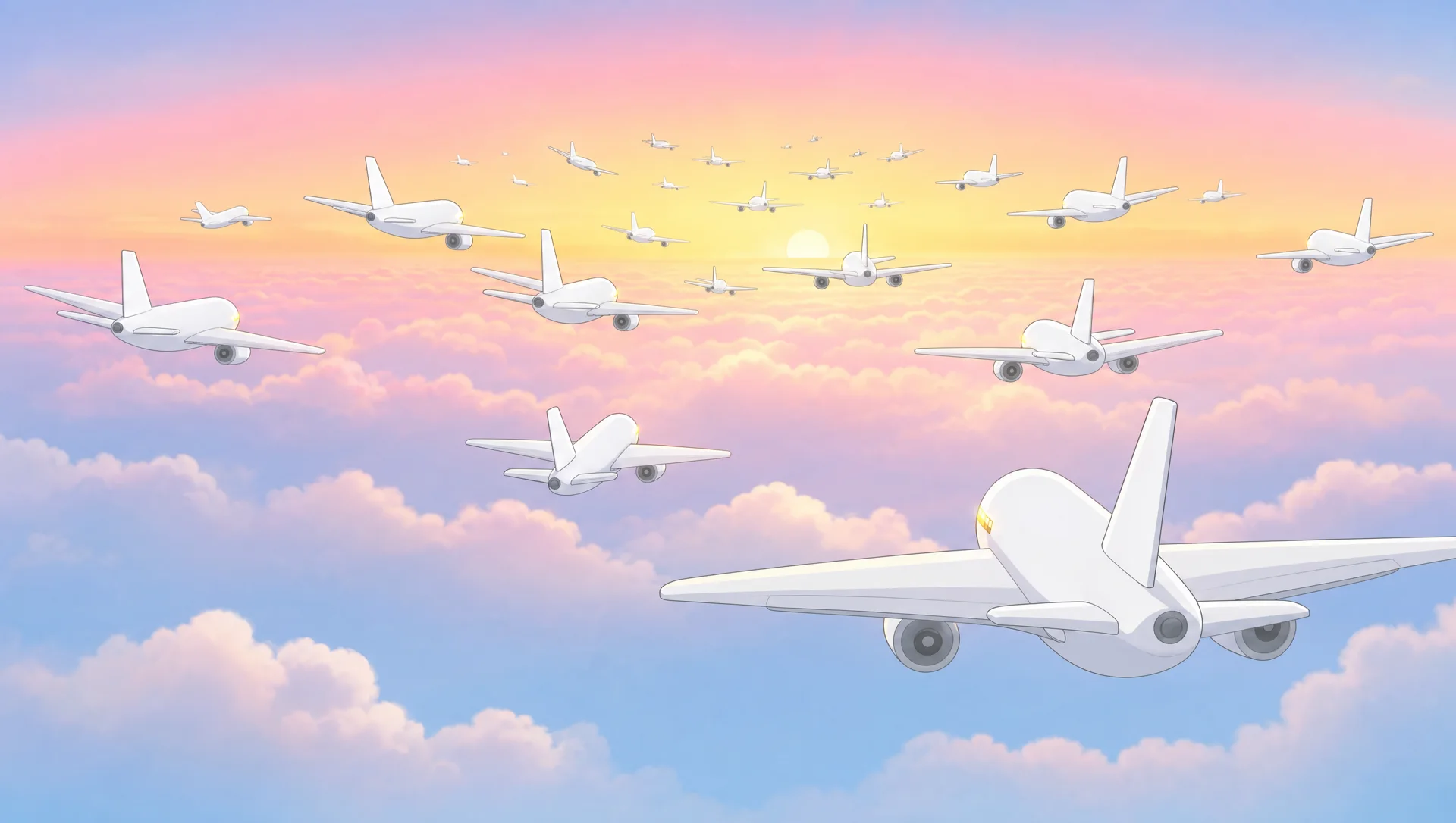A formation of white airliners stretching to the horizon at dawn, every cockpit lit